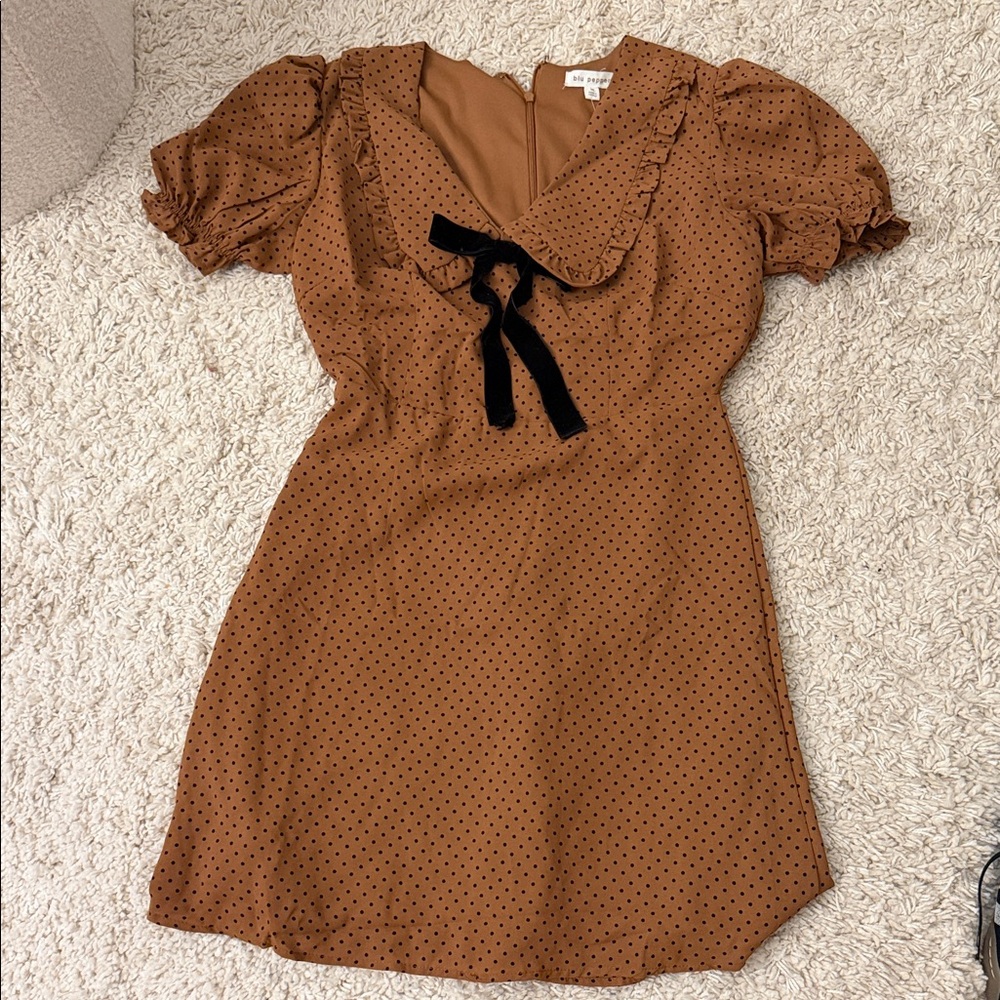 Reformation-style Brown Polka Dot Dress with Black Bow